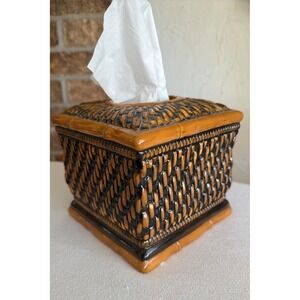 Raymond Waites Tissue Box Cover 6.5in Brown Bali Rattan Ceramic Subtle Lanai